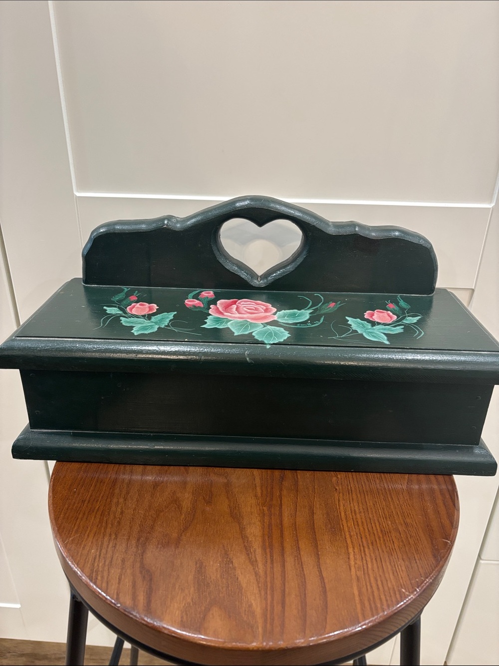 Decorative Dark Green Wooden Storage Box with Heart Handle and Rose Motif